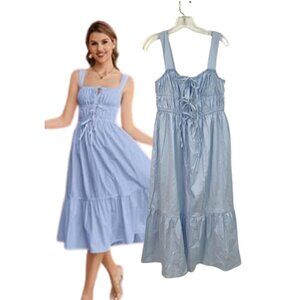 Tie Front Smocked Midi Dress Light Blue Women Size L